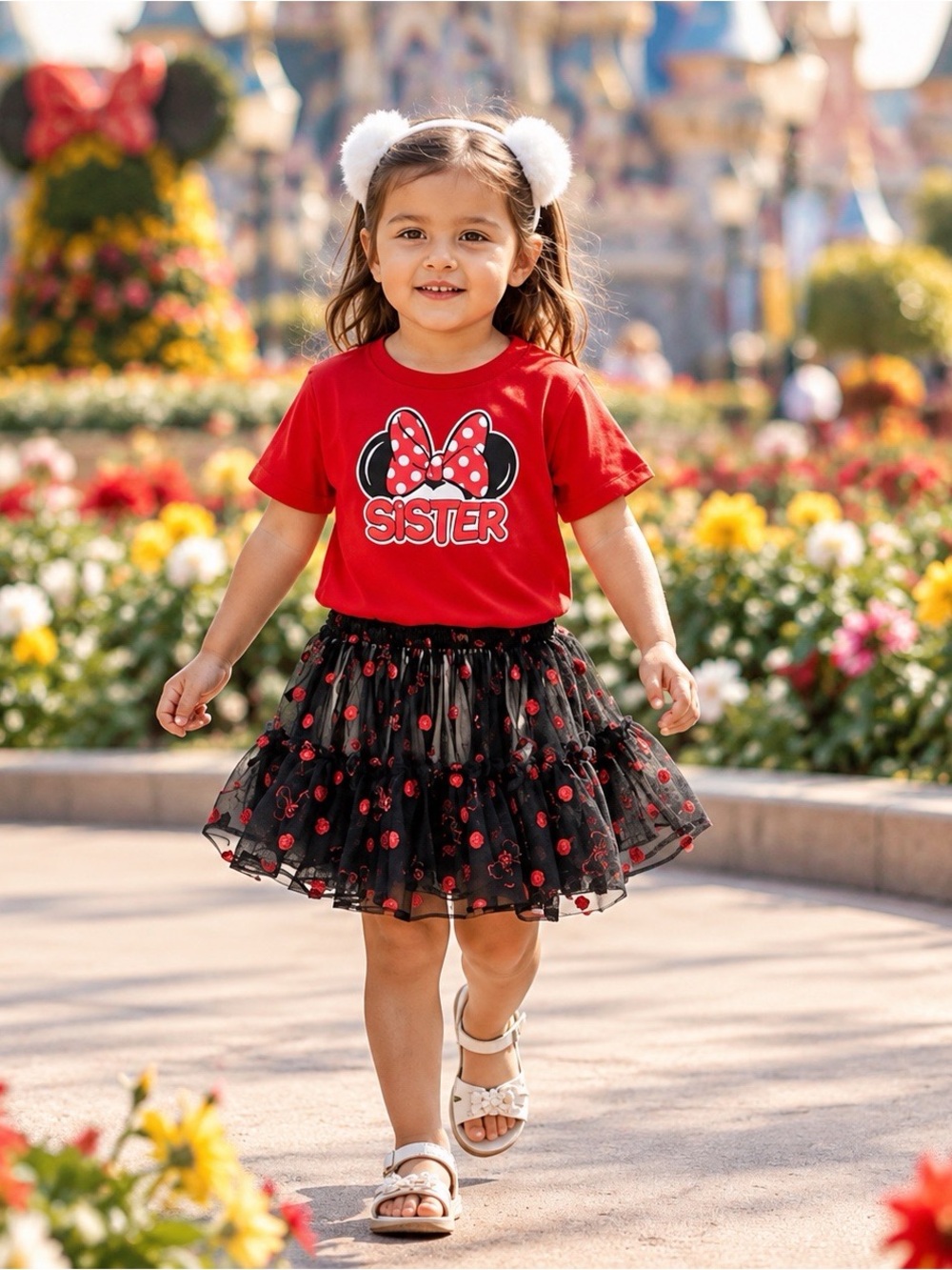 Red Minnie 'Sister' Tee with Black Minnie Skirt Set Girls 3T